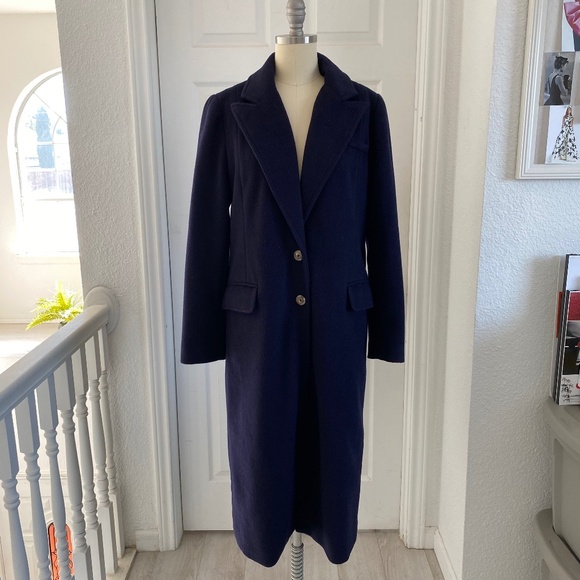 Navy Blue Wool-Blend Long Winter Coat - Picture 1 of 8
